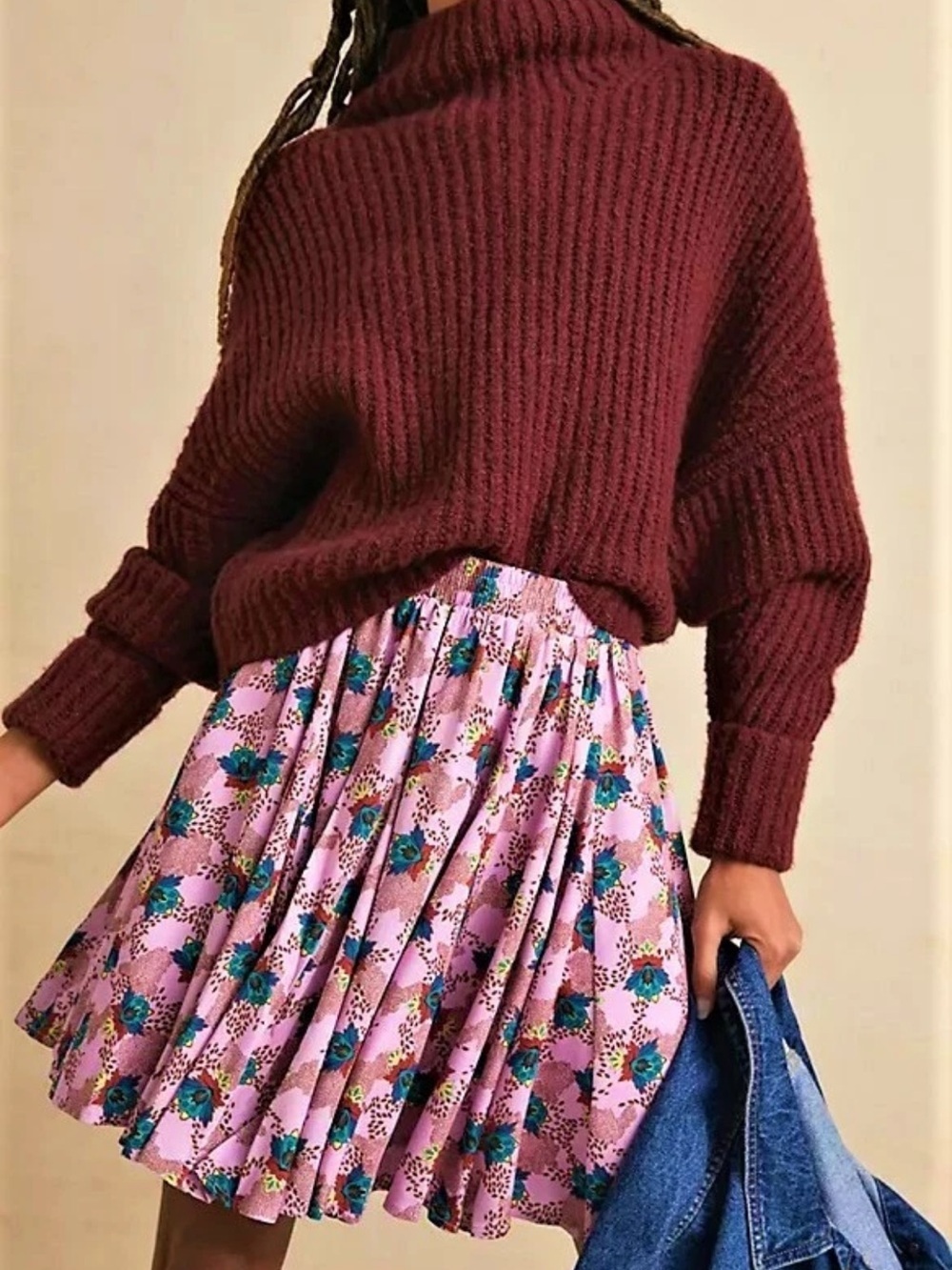 Anthropologie Porridge Karina Skater Flared Mini Skirt Blue Pull On Lined Pink S